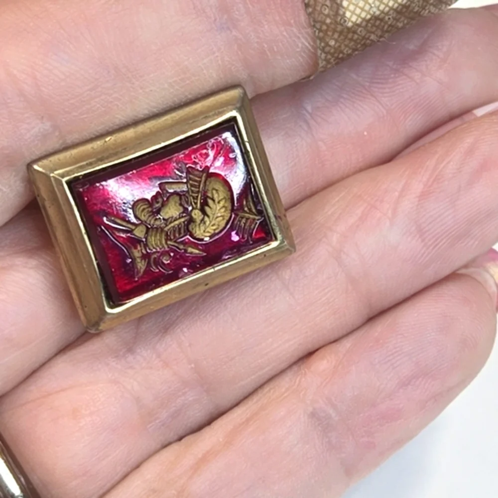 Vintage Centurian Cameo Cufflinks Reversed Carved Red Glass Goldtone Hardware